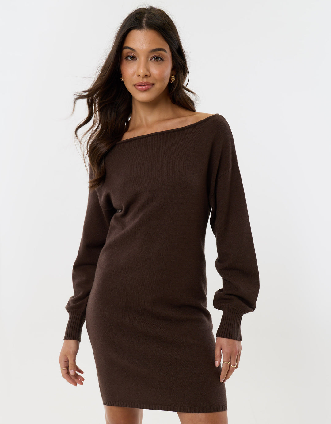 Slash Neck Mini Jumper Dress in Chocolate Brown