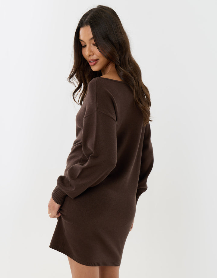 Slash Neck Mini Jumper Dress in Chocolate Brown