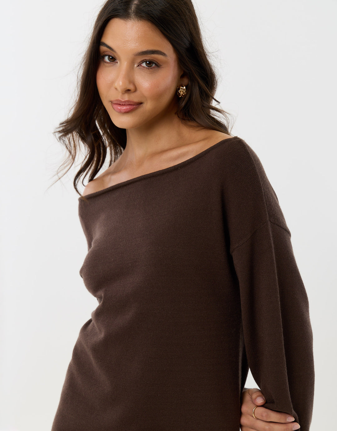 Slash Neck Mini Jumper Dress in Chocolate Brown