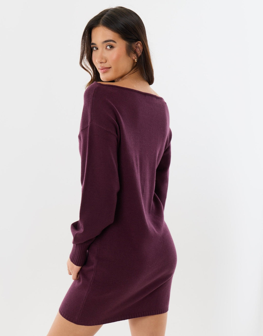 Slash Neck Mini Jumper Dress in Plum