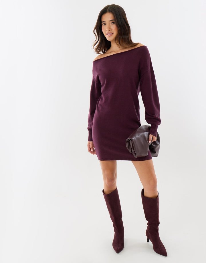 Slash Neck Mini Jumper Dress in Plum