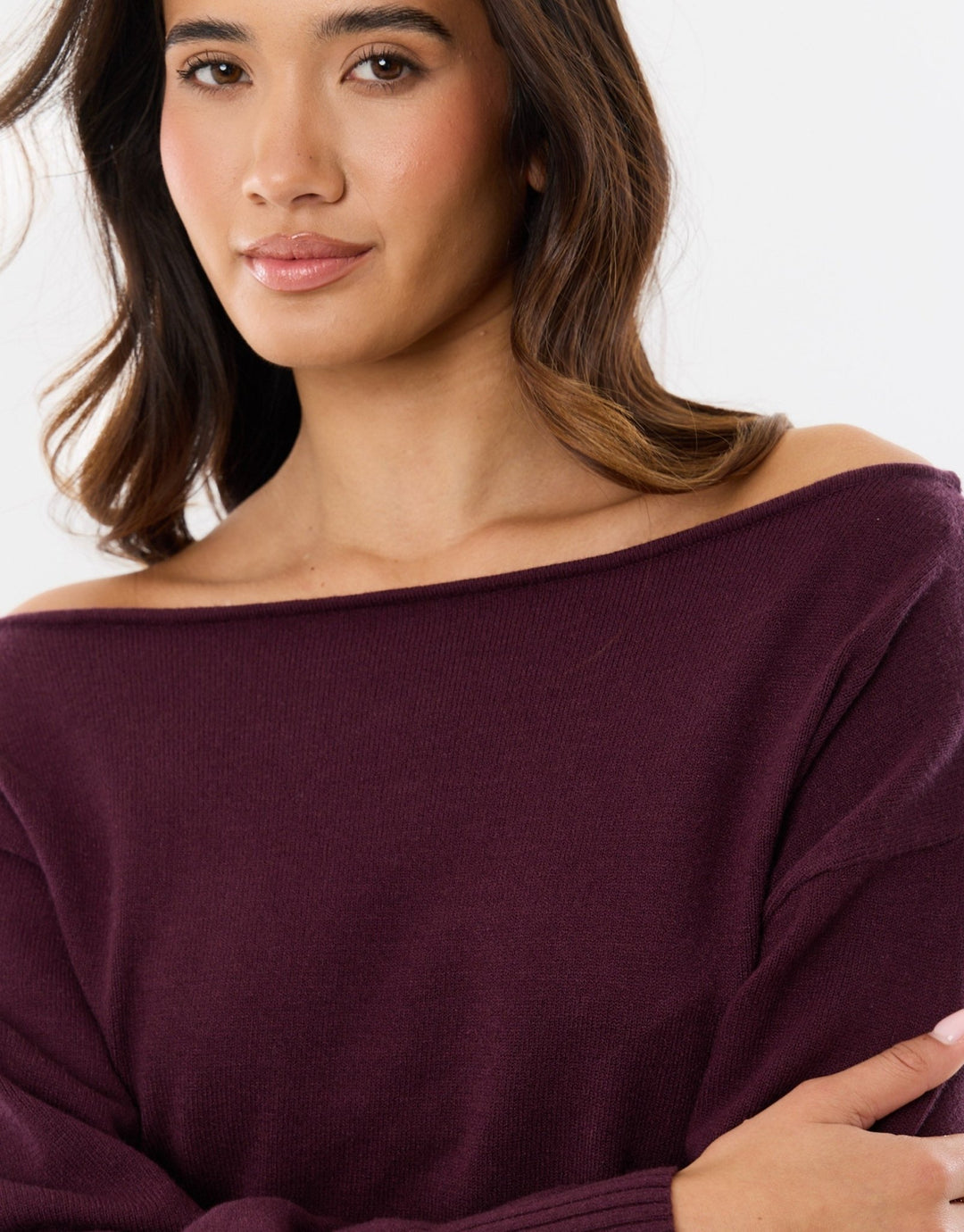 Slash Neck Mini Jumper Dress in Plum