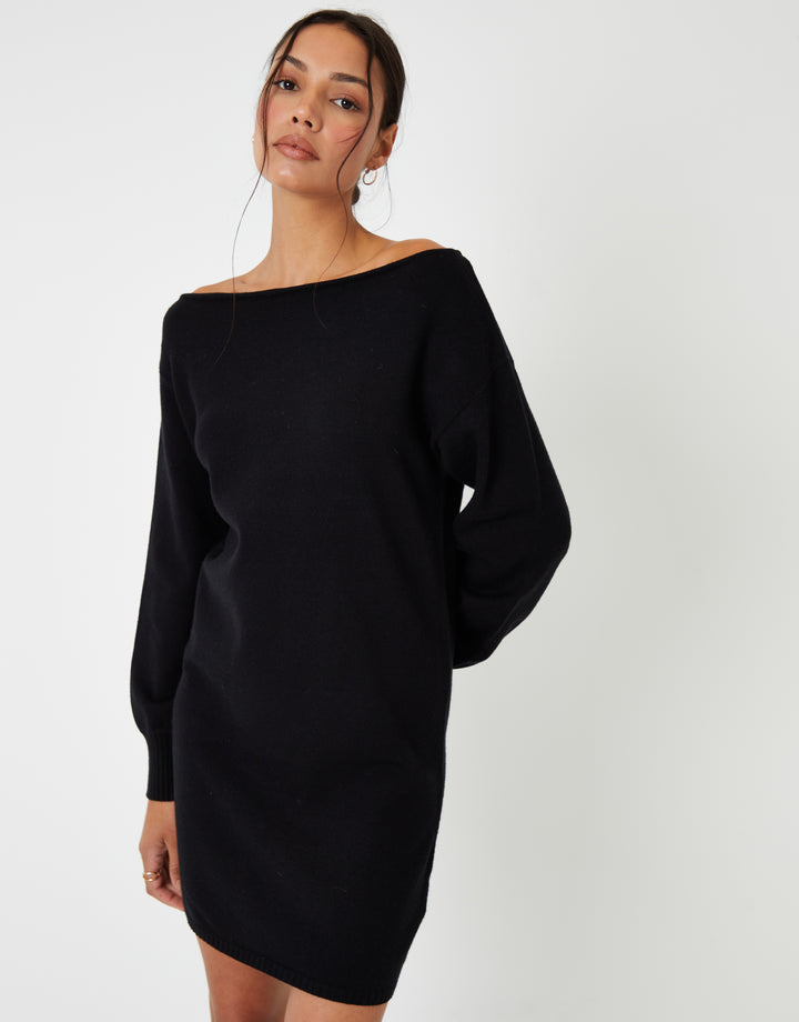 Black Slash Neck Knitted Mini Dress