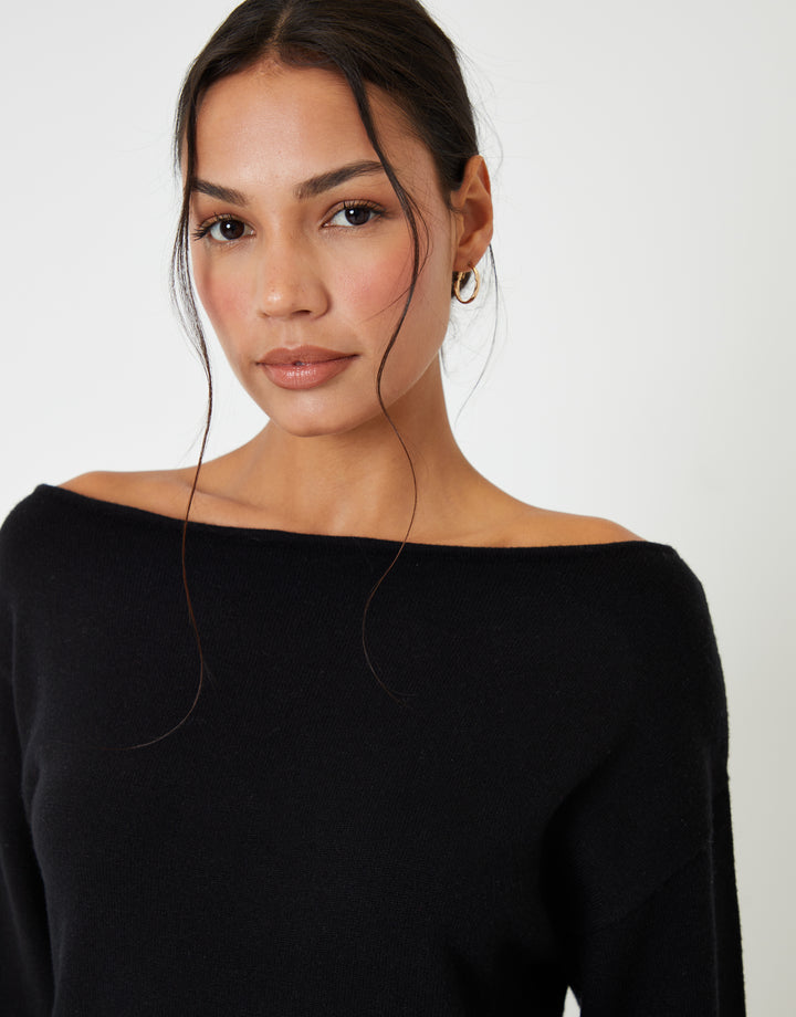 Black Slash Neck Knitted Mini Dress