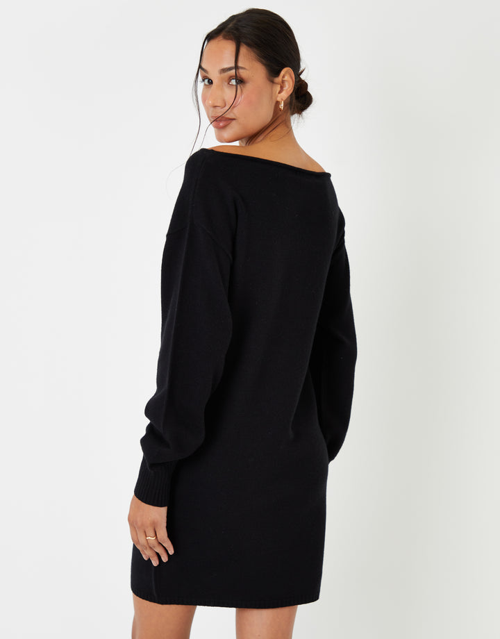 Petite Slash Neck Mini Jumper Dress in Black