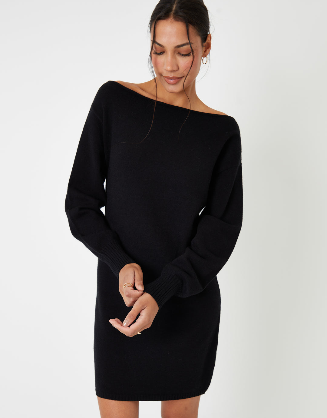 Black Slash Neck Knitted Mini Dress