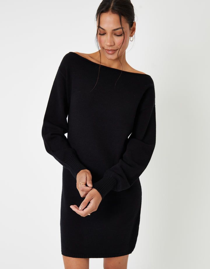 Black Slash Neck Knitted Mini Dress