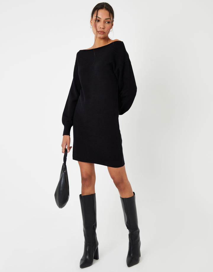 Black Slash Neck Knitted Mini Dress