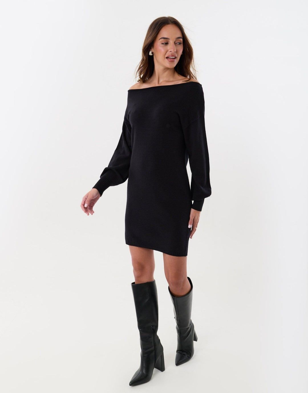 Slash Neck Knitted Mini Dress in Black