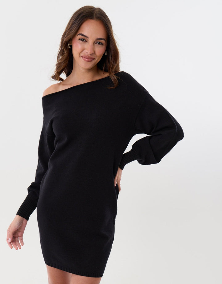 Slash Neck Knitted Mini Dress in Black