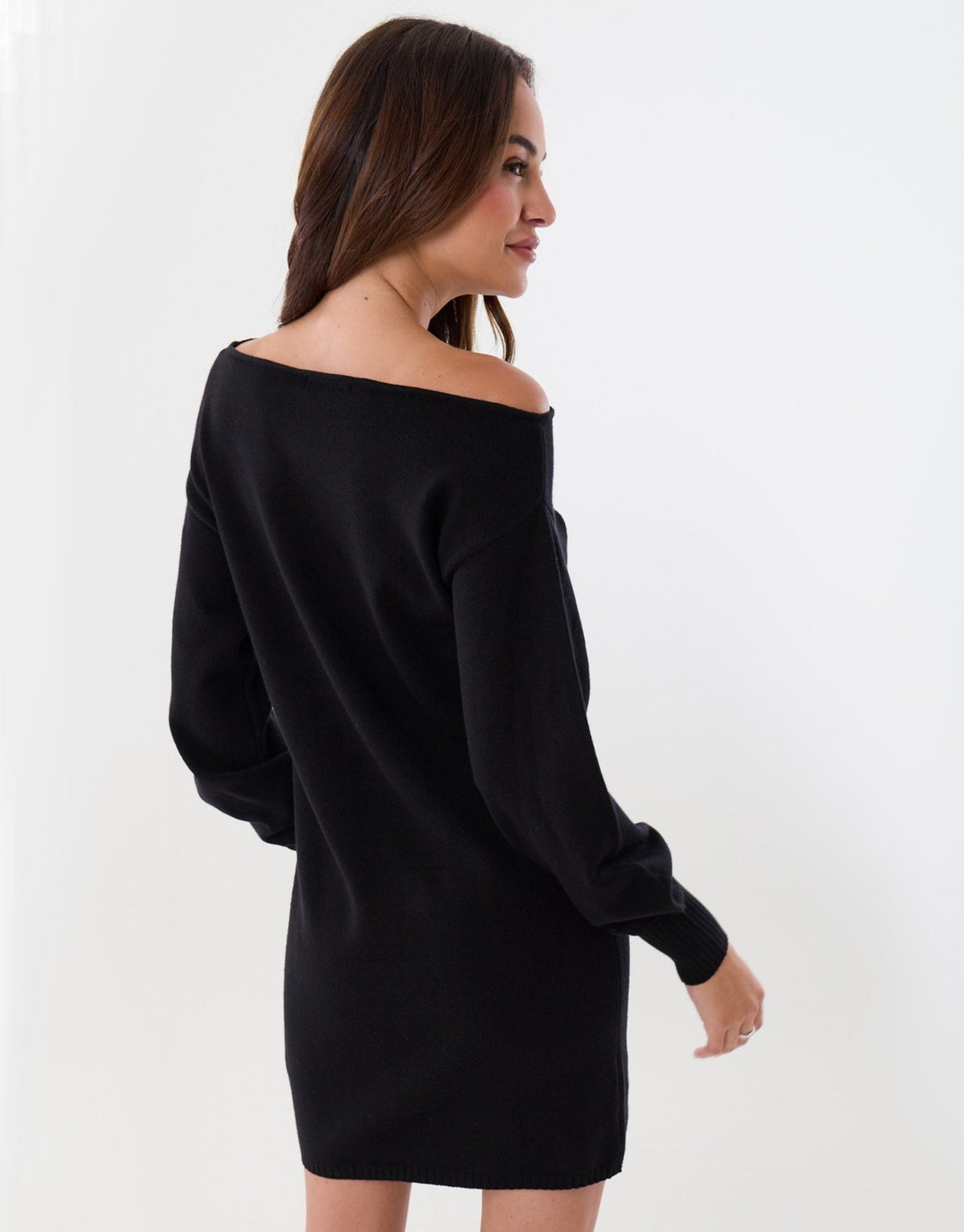 Slash Neck Knitted Mini Dress in Black