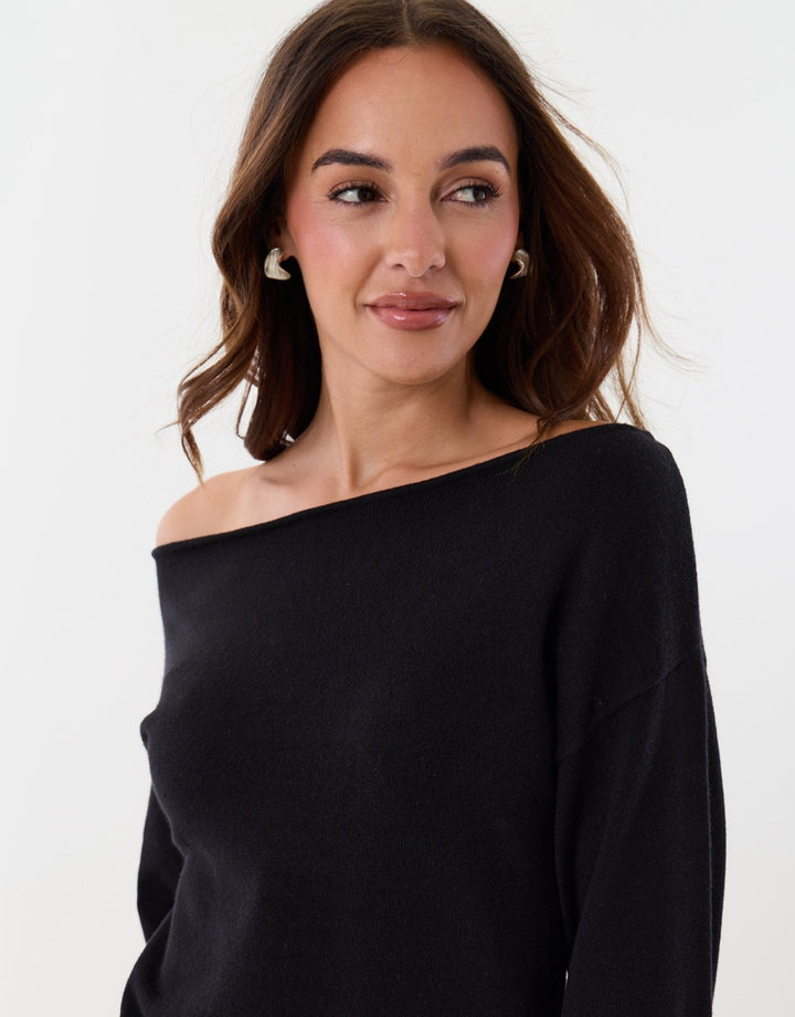 Slash Neck Knitted Mini Dress in Black