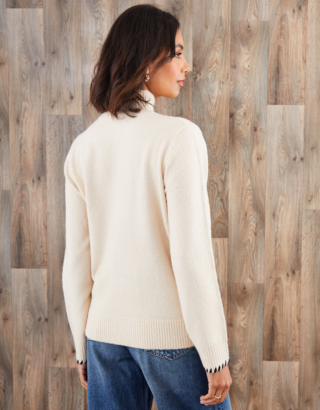 Ecru High Neck Contrast Stitch Knitted Jumper