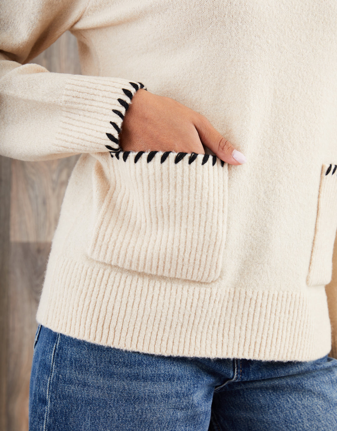 Ecru High Neck Contrast Stitch Knitted Jumper