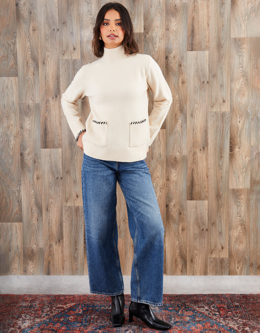 Ecru High Neck Contrast Stitch Knitted Jumper