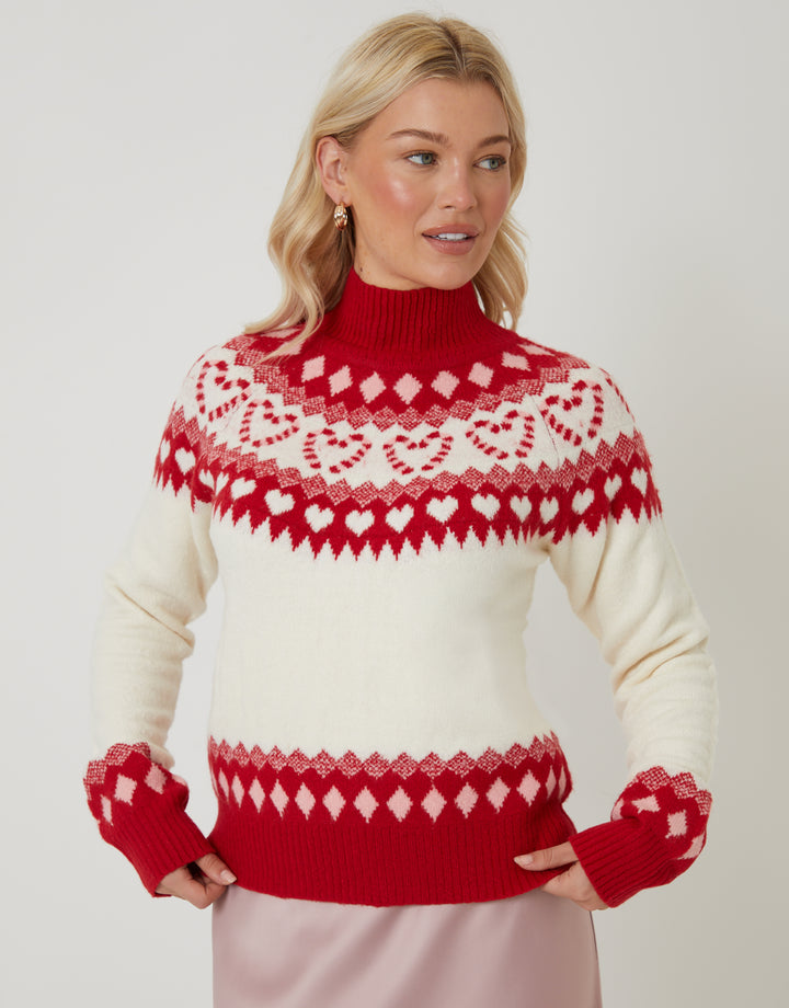 Ecru Love Heart Fairisle Knitted Jumper