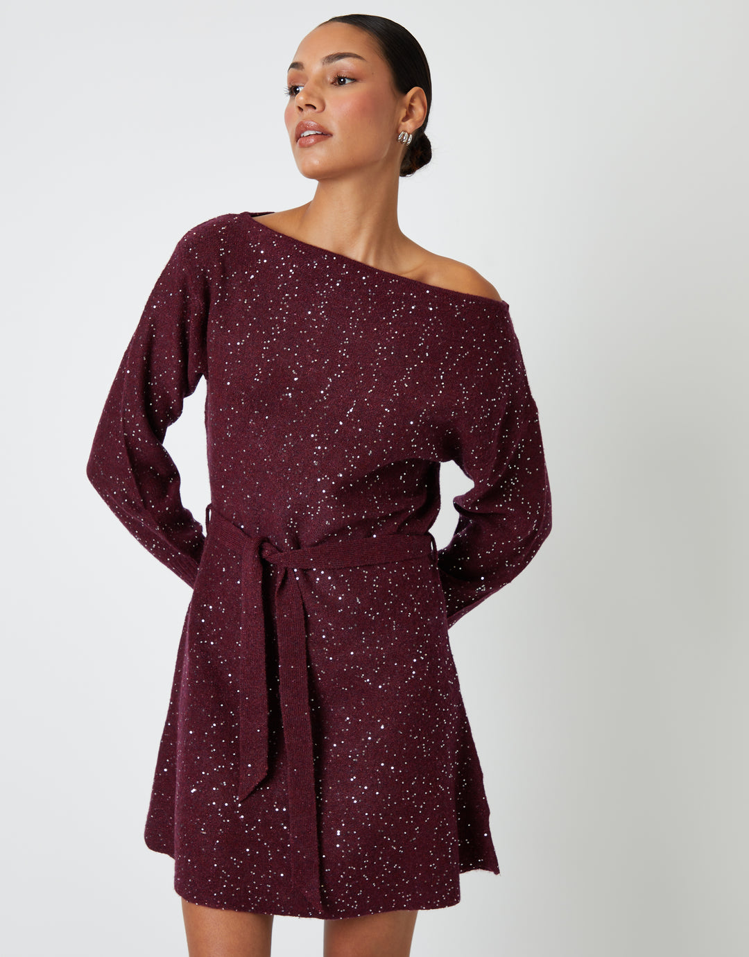 Berry Red Knitted Sequin Slash Neck Mini Dress