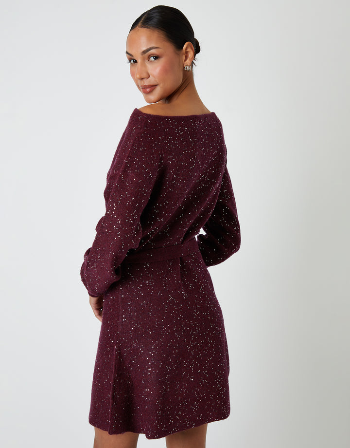 Berry Red Knitted Sequin Slash Neck Mini Dress
