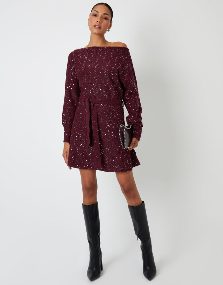 Berry Red Knitted Sequin Slash Neck Mini Dress