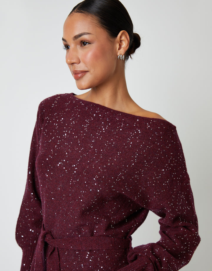 Berry Red Knitted Sequin Slash Neck Mini Dress