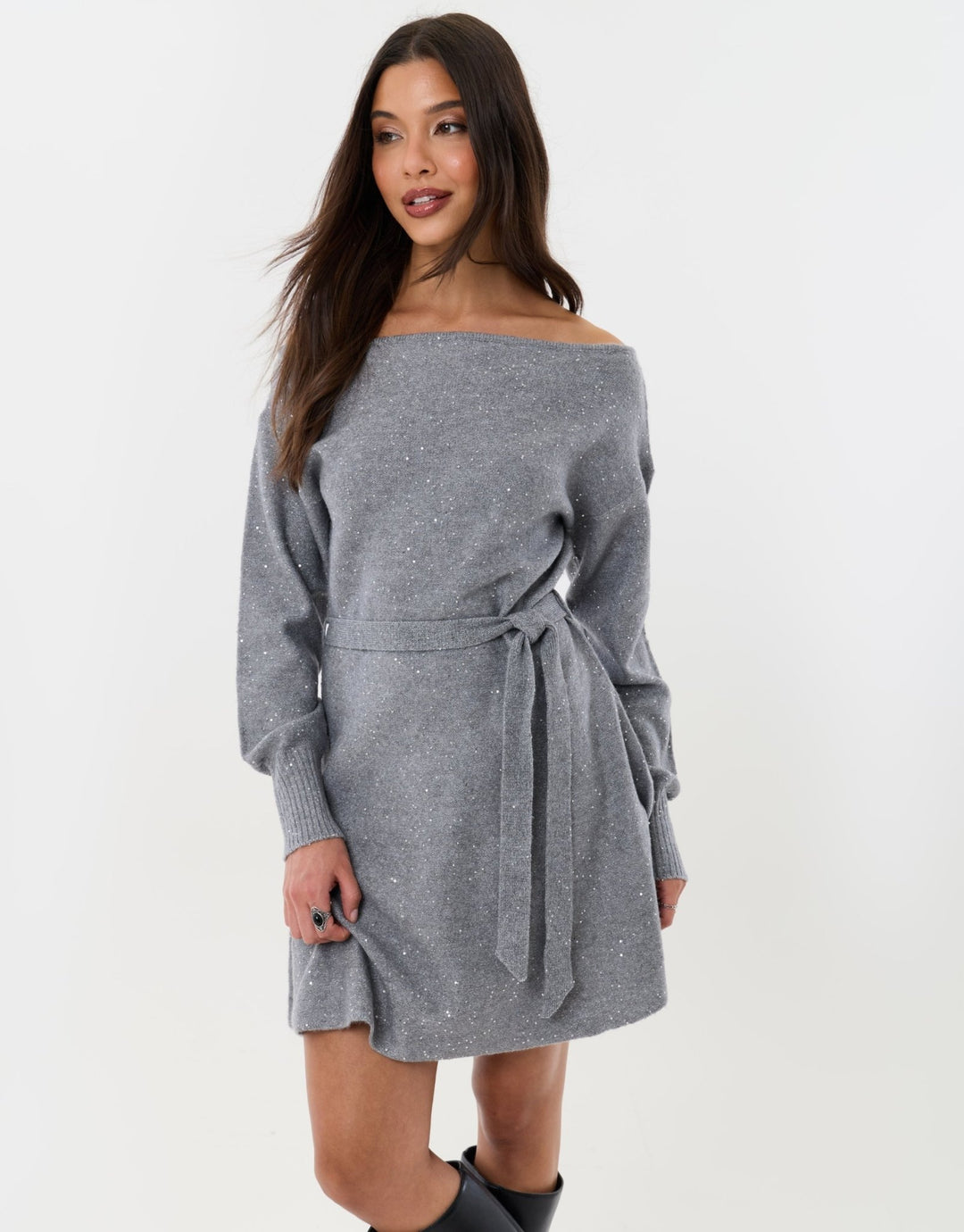 Knitted Sequin Slash Neck Mini Dress in Grey