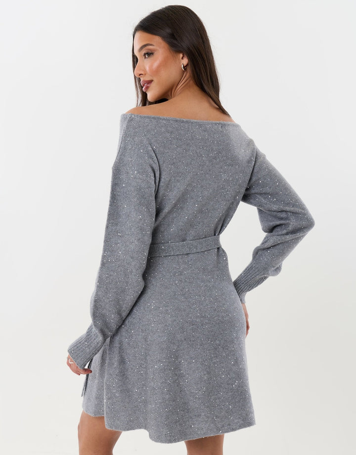 Knitted Sequin Slash Neck Mini Dress in Grey