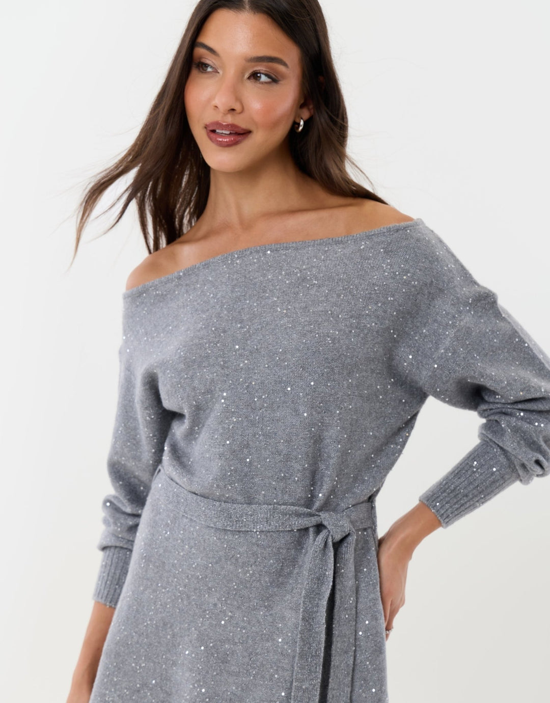 Knitted Sequin Slash Neck Mini Dress in Grey