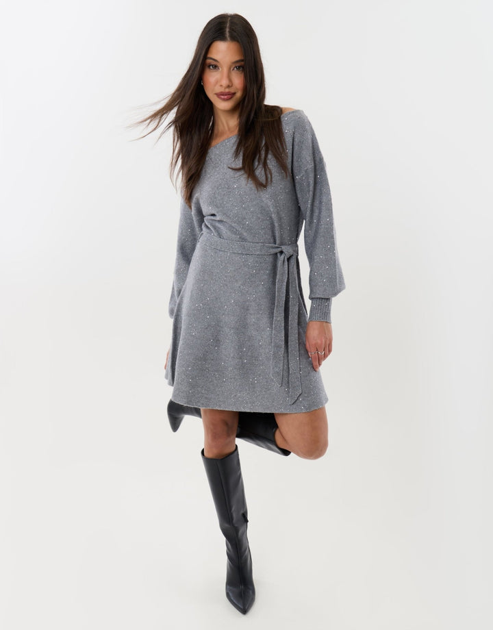 Knitted Sequin Slash Neck Mini Dress in Grey