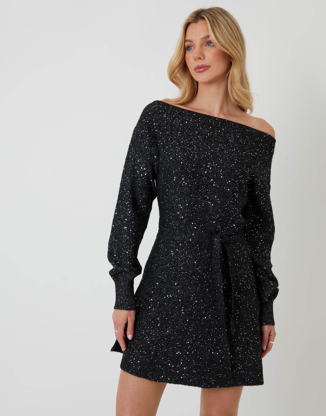 Black Knitted Sequin Slash Neck Mini Dress