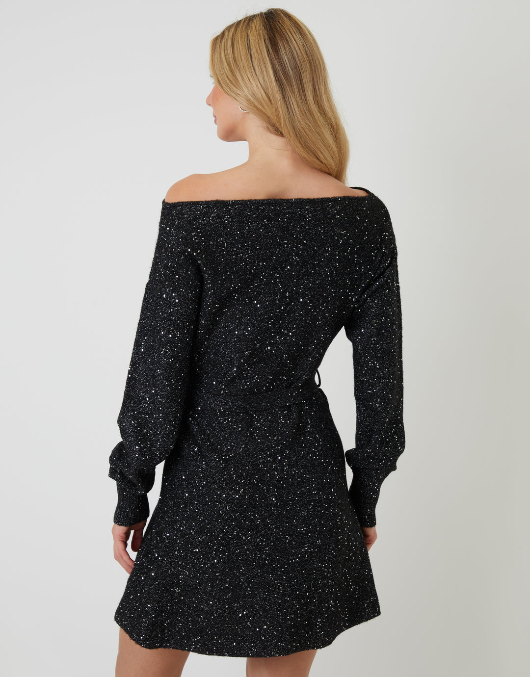 Black Knitted Sequin Slash Neck Mini Dress