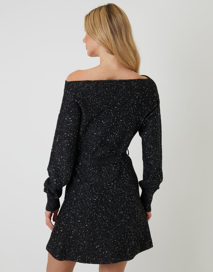 Black Knitted Sequin Slash Neck Mini Dress