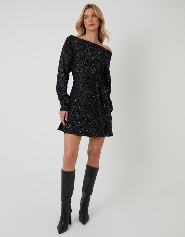Black Knitted Sequin Slash Neck Mini Dress
