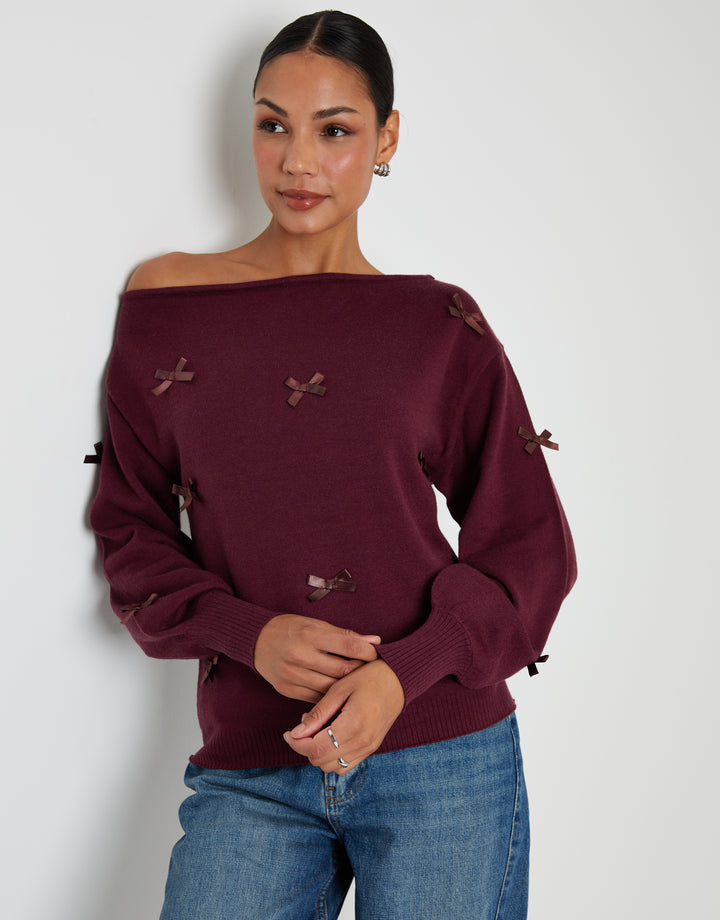 Berry Red Bow Embellished Slash Neck Jumper