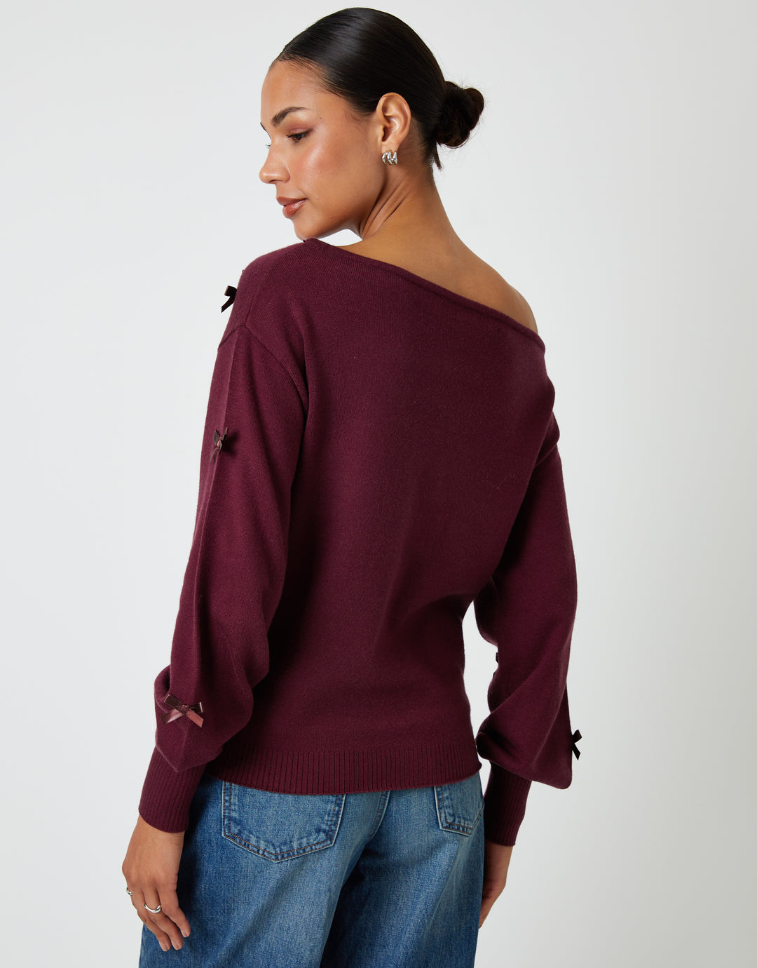 Berry Red Bow Embellished Slash Neck Jumper