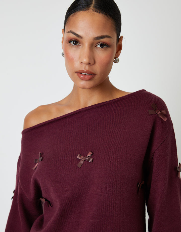 Berry Red Bow Embellished Slash Neck Jumper