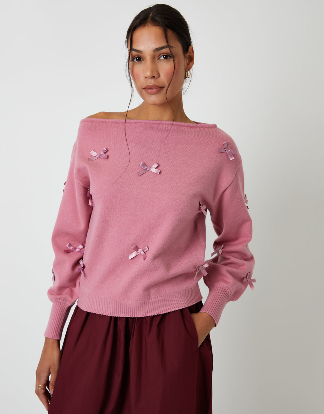 Pink Bow Embellished Slash Neck Jumper