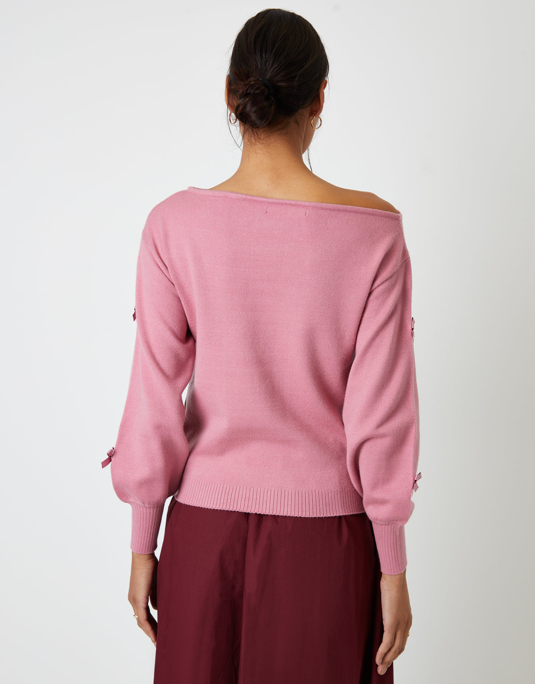 Pink Bow Embellished Slash Neck Jumper