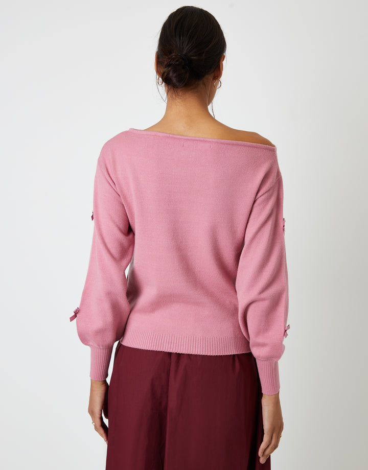 Pink Bow Embellished Slash Neck Jumper