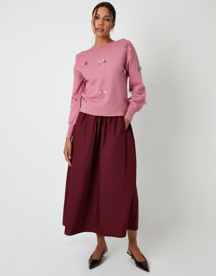 Pink Bow Embellished Slash Neck Jumper