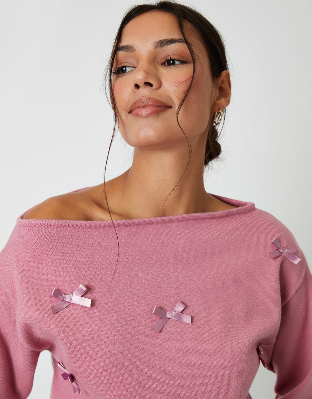 Pink Bow Embellished Slash Neck Jumper