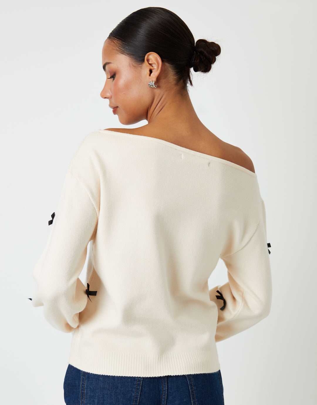 Cream Bow Embellished Slash Neck Jumper