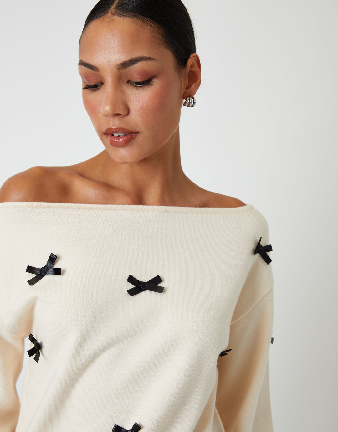 Cream Bow Embellished Slash Neck Jumper