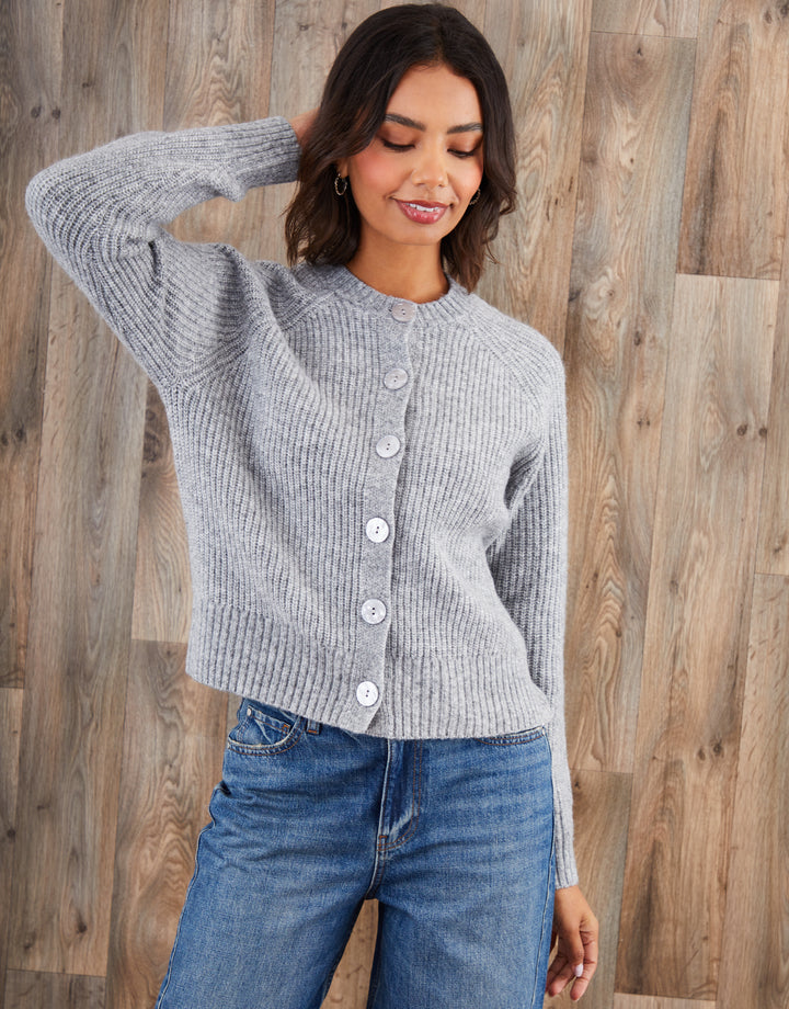 Grey Chunky Knit Button Up Cardigan