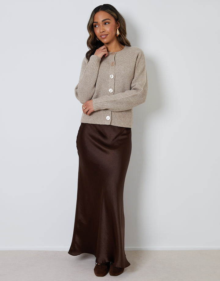 Beige Chunky Knit Button Up Cardigan