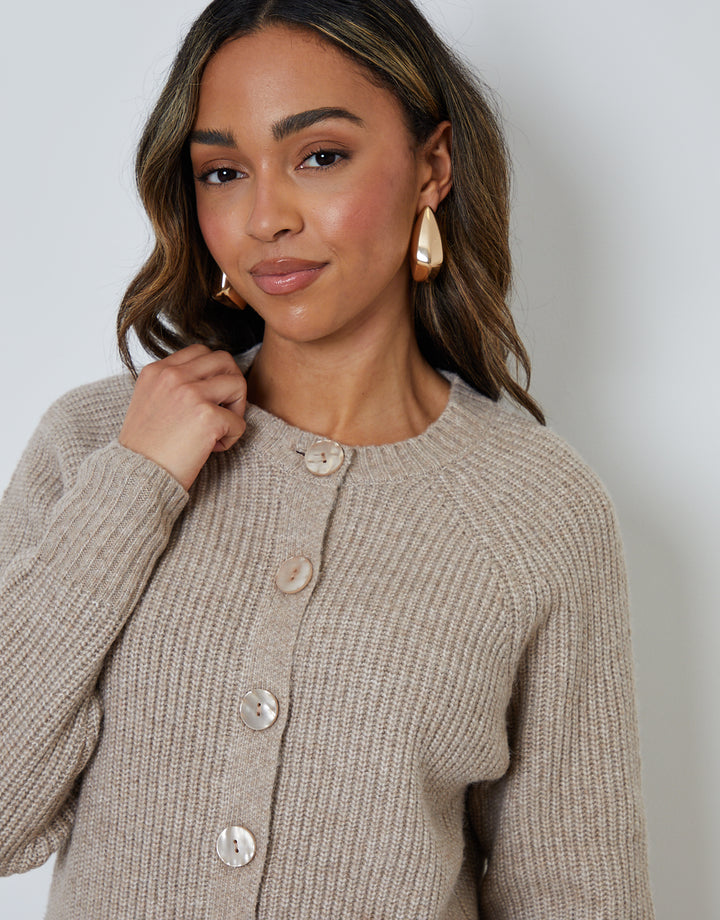 Beige Chunky Knit Button Up Cardigan