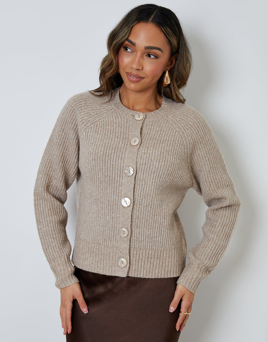 Beige Chunky Knit Button Up Cardigan