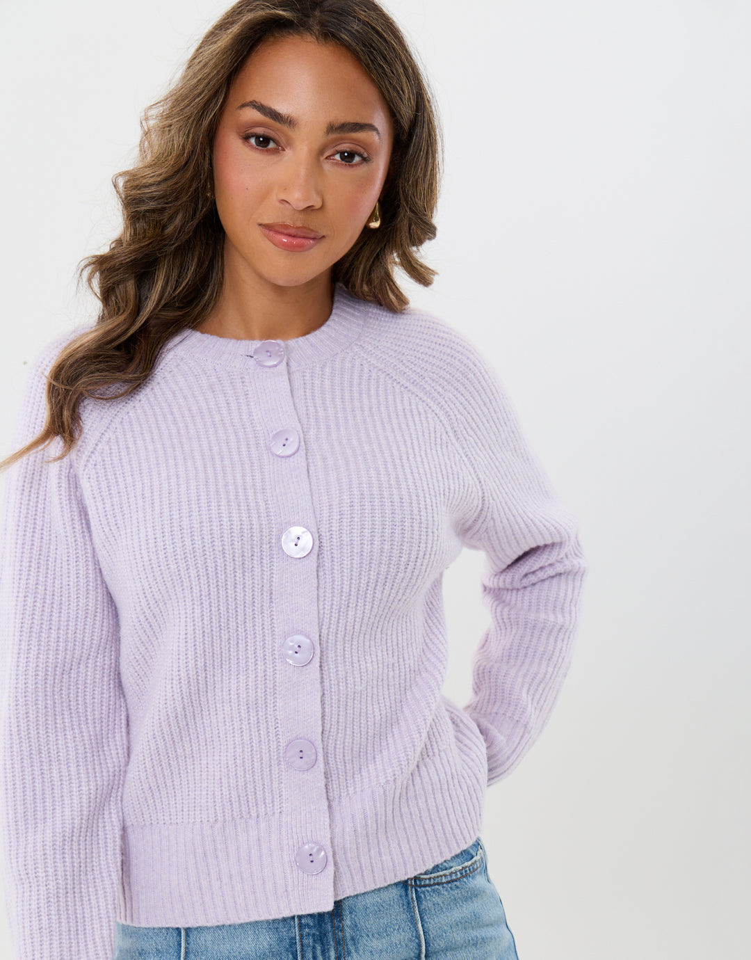 Chunky Knit Crew Neck Cardigan in Lilac