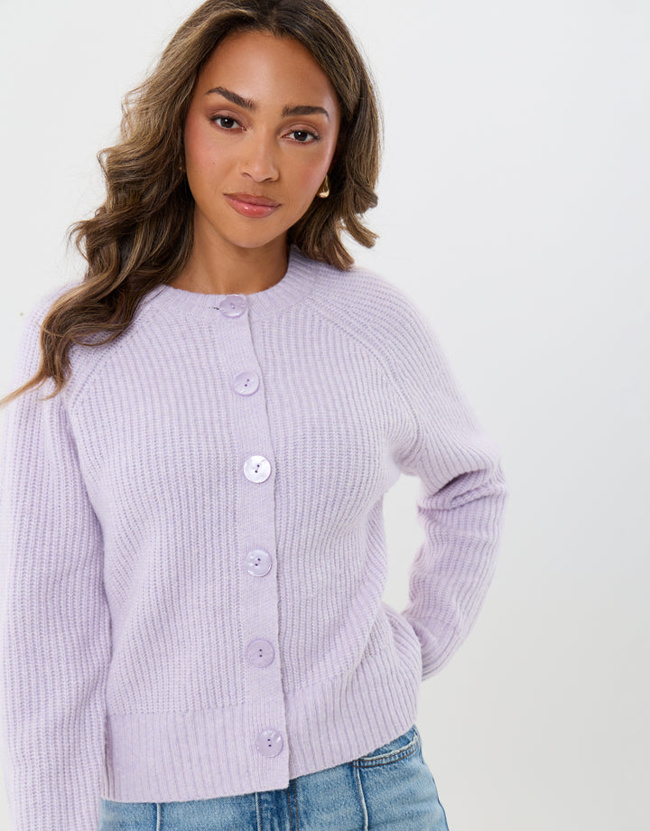 Chunky Knit Crew Neck Cardigan in Lilac