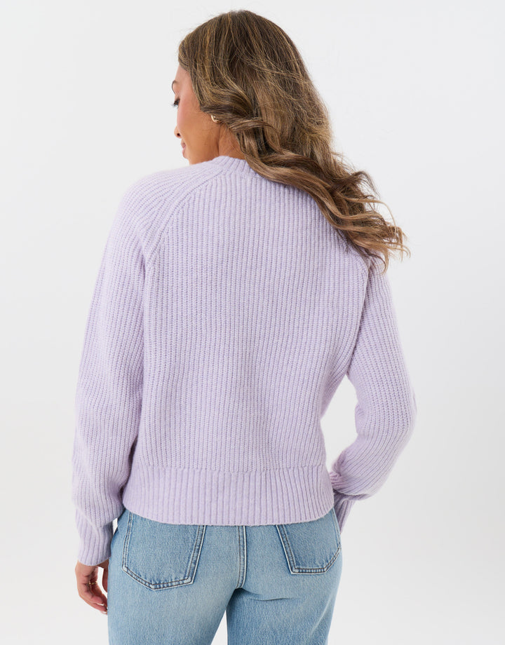Chunky Knit Crew Neck Cardigan in Lilac