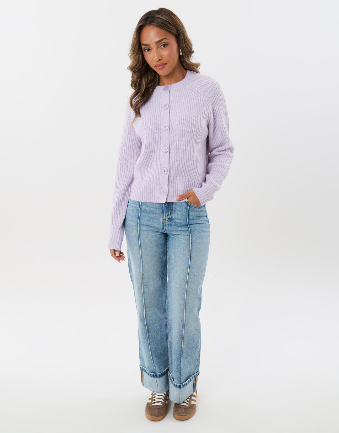 Chunky Knit Crew Neck Cardigan in Lilac
